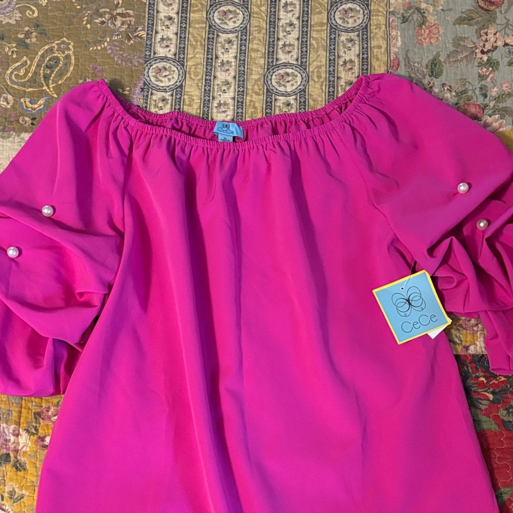 CeCe Woman's XL Fuchsia Off-Shoulder Top Pearl Accents NWT